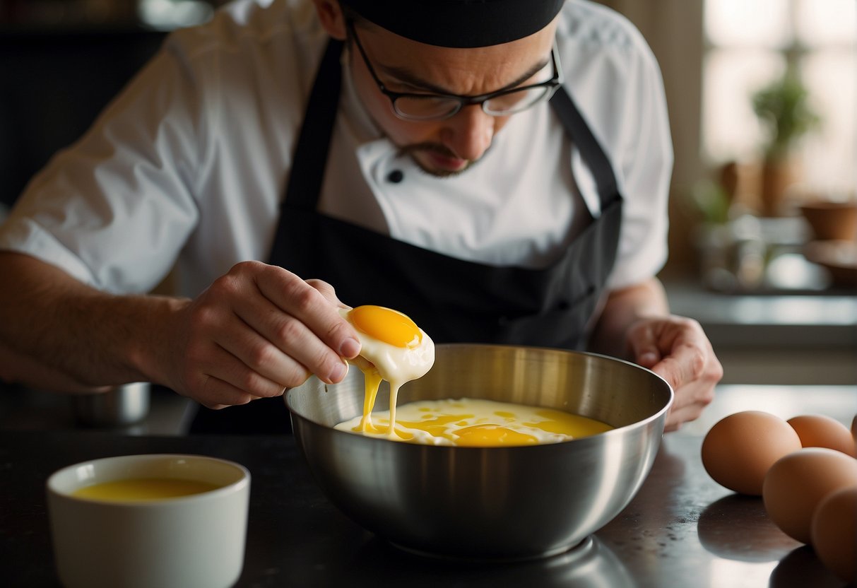 A chef pours warm milk into a bowl of beaten eggs, creating a smooth custard mixture. A fragrant vanilla pod sits nearby, ready to infuse the custard with its sweet aroma