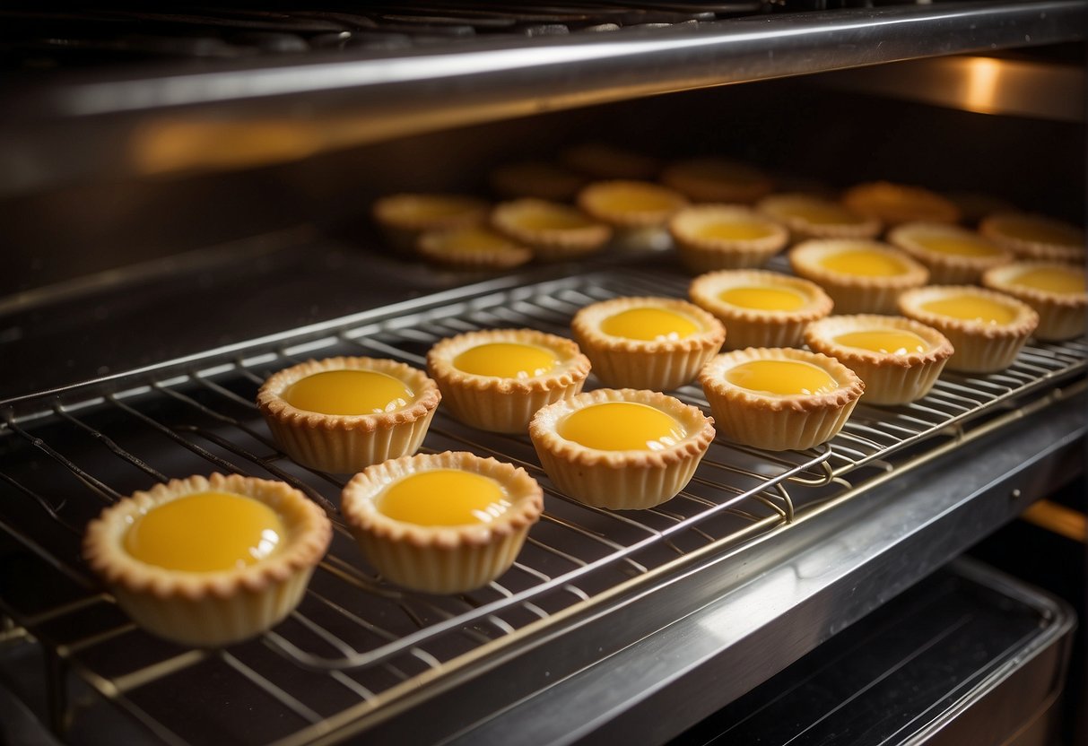 Egg tarts being filled with custard, placed in oven, and baked until golden brown