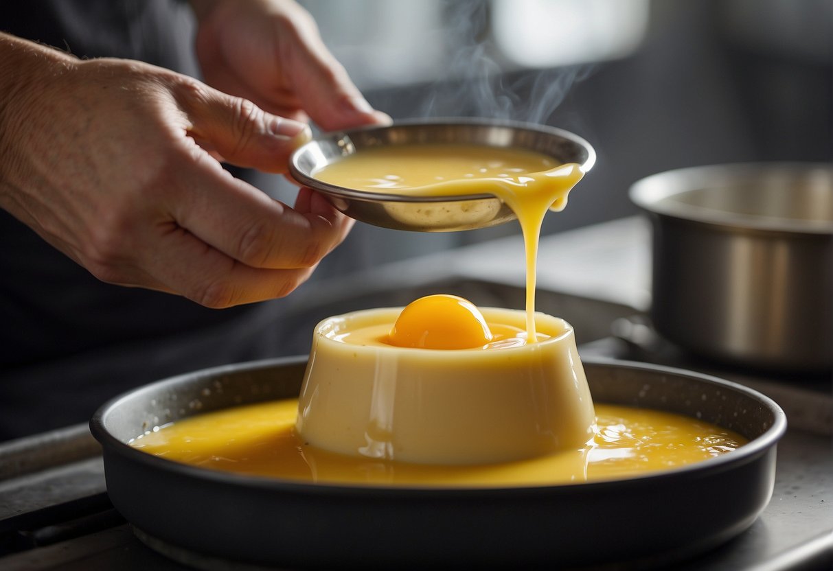 A hand pouring egg custard into ramekins. Ramekins placed in a water bath in the oven. Custard being reheated in a steamer