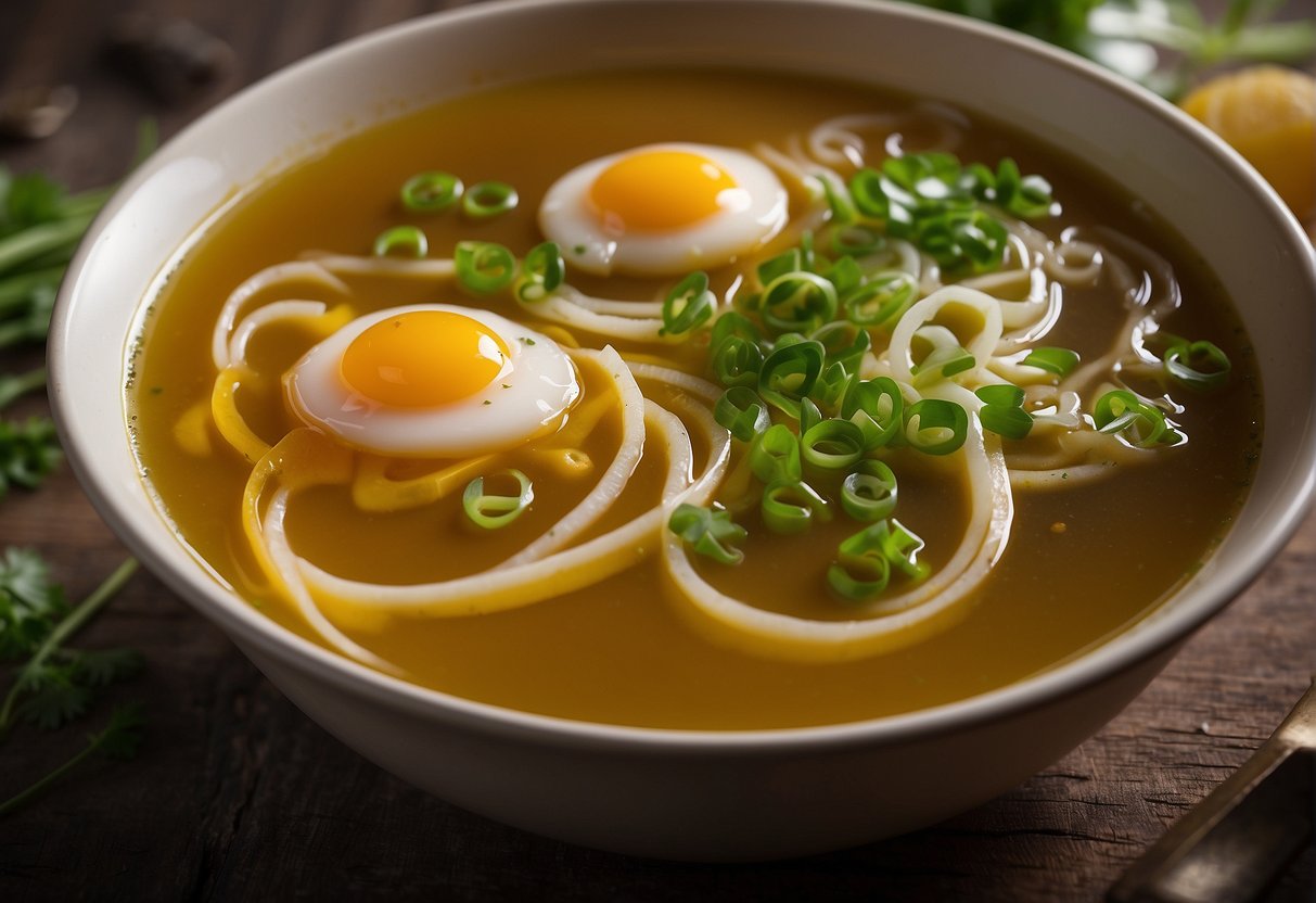 A pot of simmering broth with swirling beaten eggs being slowly drizzled in, creating delicate ribbons throughout the soup. Green onions and a hint of ginger float on the surface