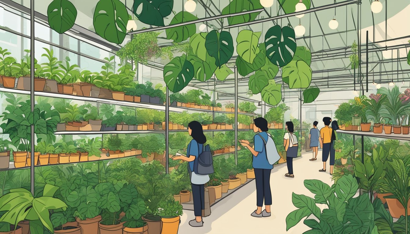 A bustling plant nursery in Singapore displays vibrant monstera plants for sale. Shelves are lined with lush green foliage, and customers browse the selection
