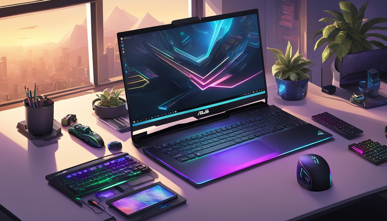 A sleek Asus laptop sits on a desk, surrounded by gaming peripherals and work essentials. The screen displays high-resolution graphics, while the keyboard glows with customizable RGB lighting
