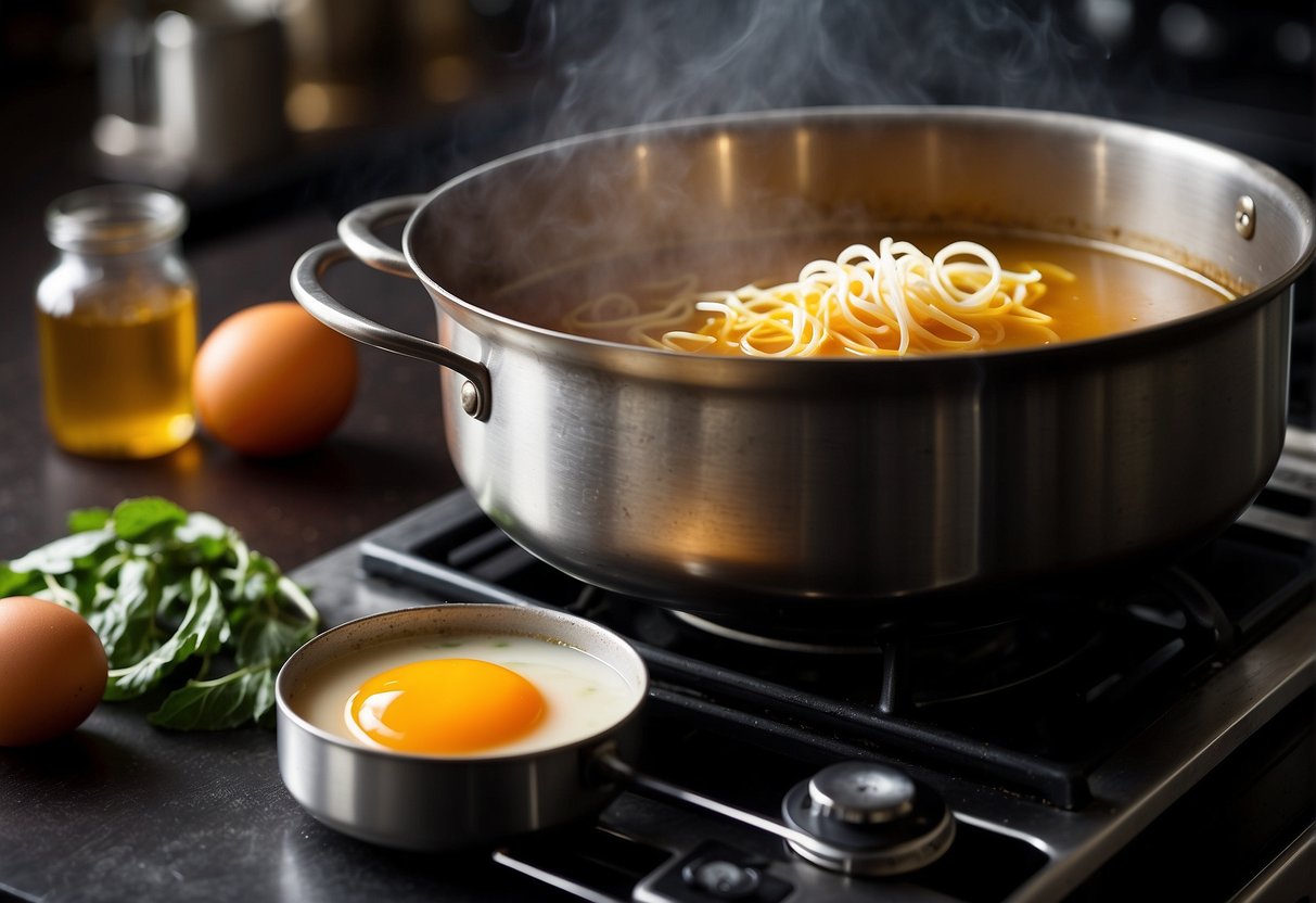 A pot on a stove, simmering broth with floating egg ribbons. Ingredients nearby, a whisk and a ladle resting on the counter