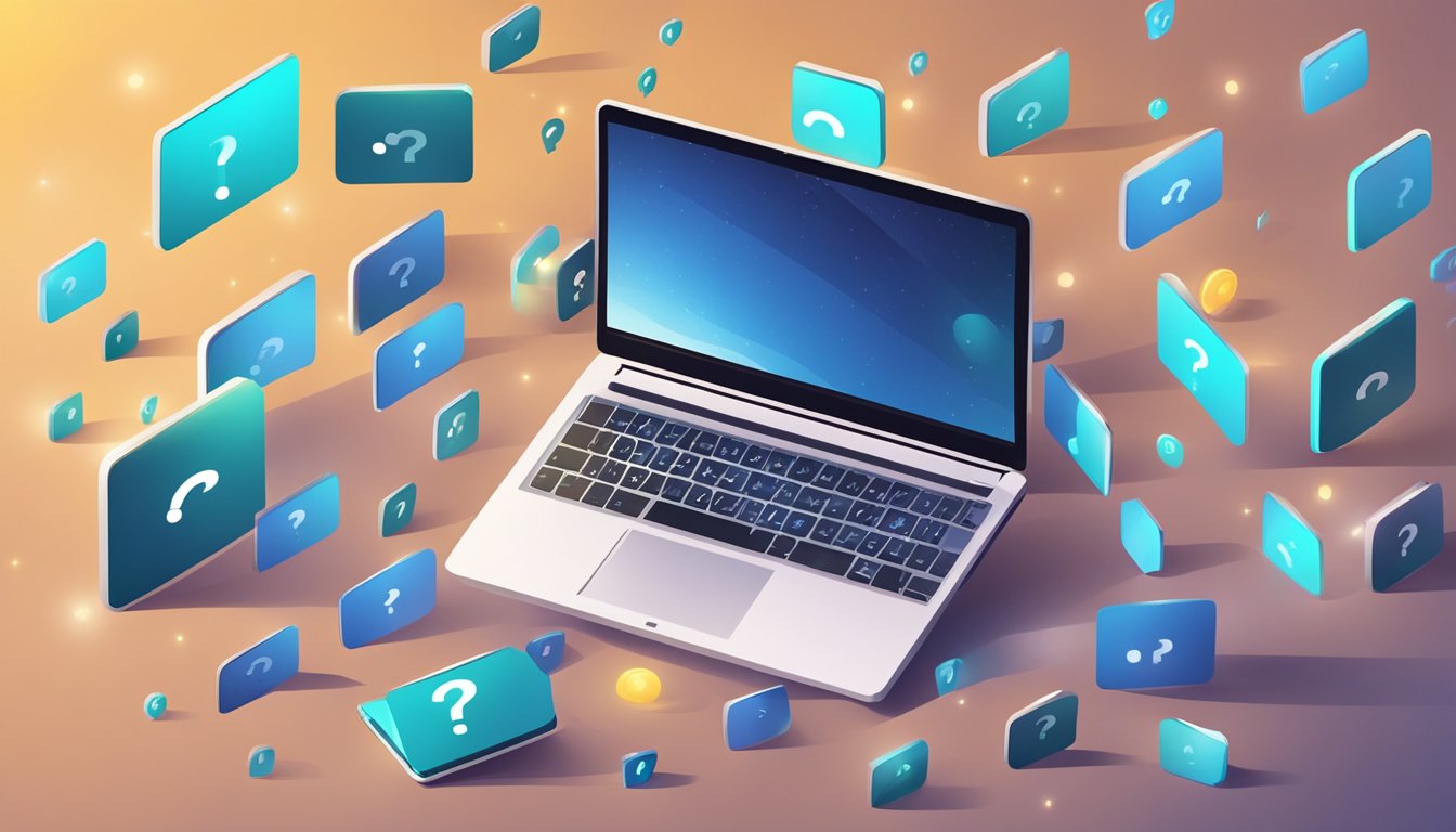 A laptop surrounded by question marks, with a spotlight shining on it