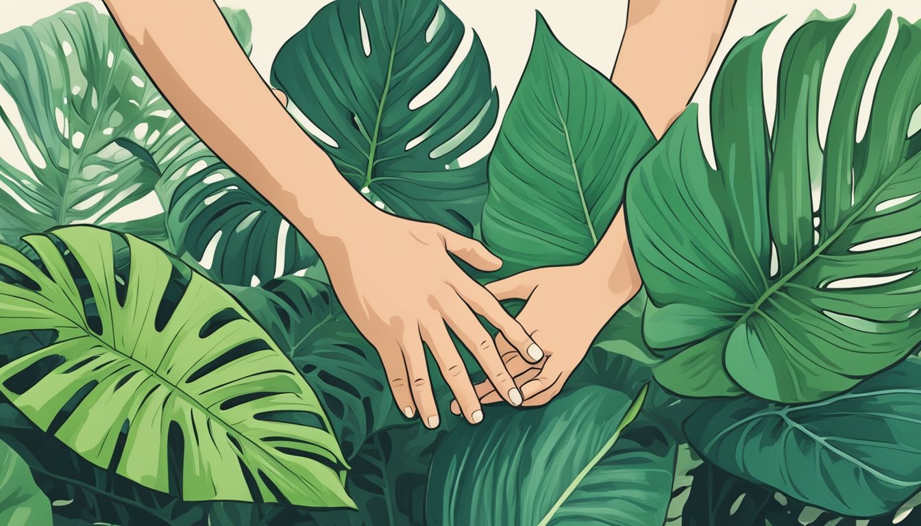 A hand reaches for a vibrant monstera plant at a local garden center in Singapore. The lush green leaves stand out against the backdrop of other tropical plants