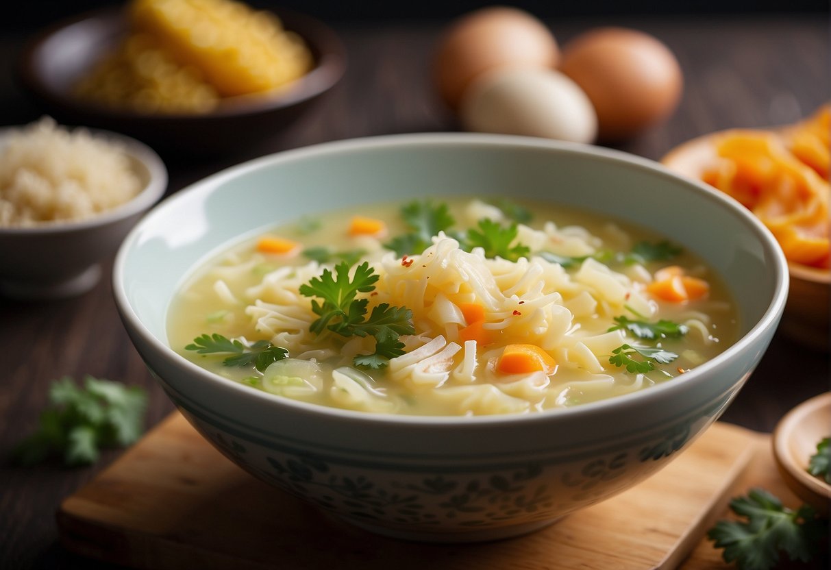 A bowl of Chinese egg drop soup with visible ingredients and a nutrition label nearby