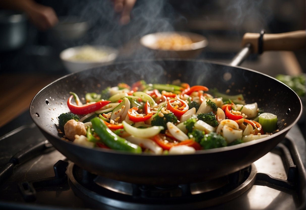 A wok sizzles with fragrant garlic, ginger, and chilies as a chef tosses in fresh vegetables and succulent meats for traditional Malaysian Chinese recipes