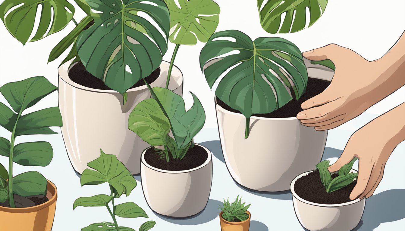 A pair of hands gently repotting a Monstera plant into a stylish ceramic pot, surrounded by bags of nutrient-rich soil and a watering can