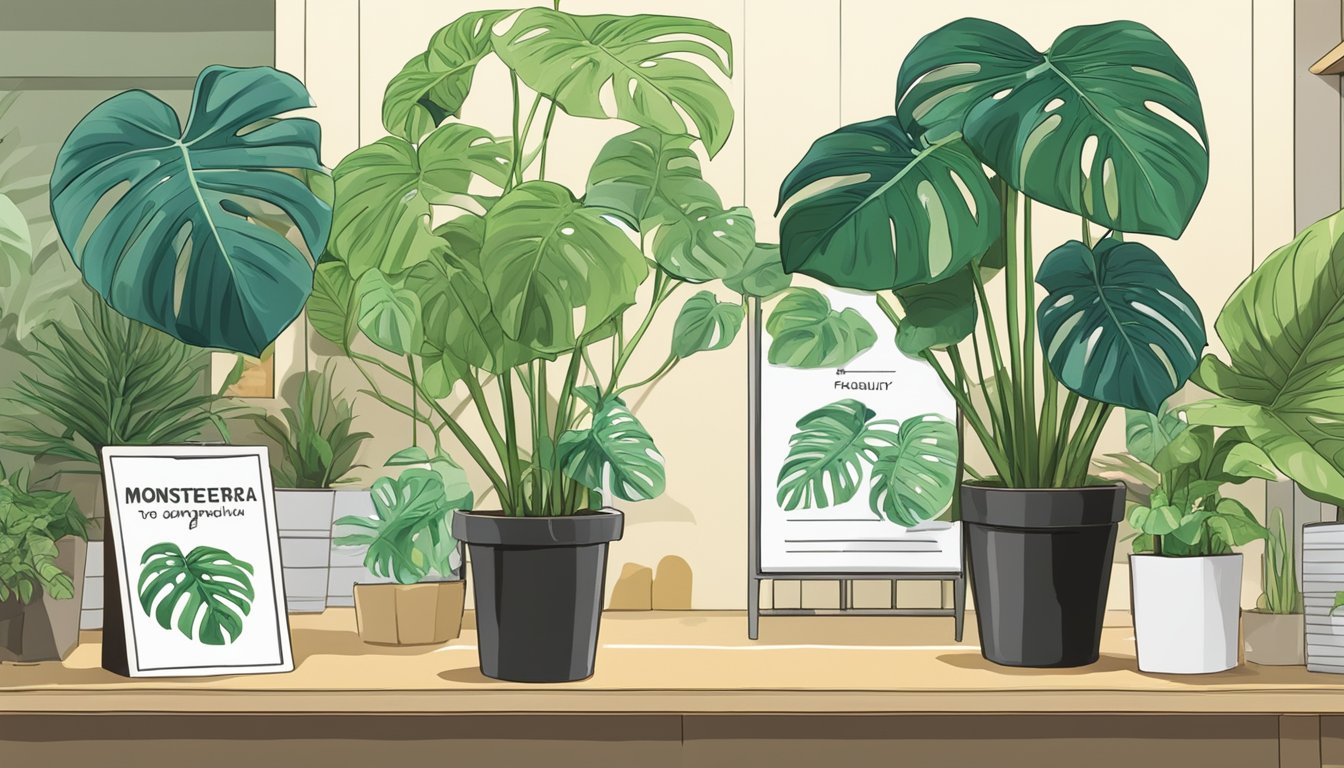A vibrant monstera plant sits on a shelf in a bustling plant store in Singapore, with a sign reading "Frequently Asked Questions: where to buy monstera plant singapore" displayed prominently