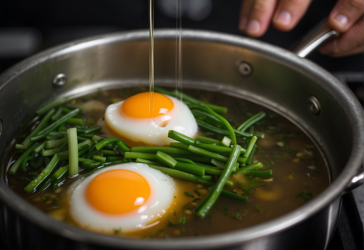 Steam rises from a pot of simmering broth. A hand pours beaten eggs into the liquid, creating delicate ribbons. Green onions float on the surface