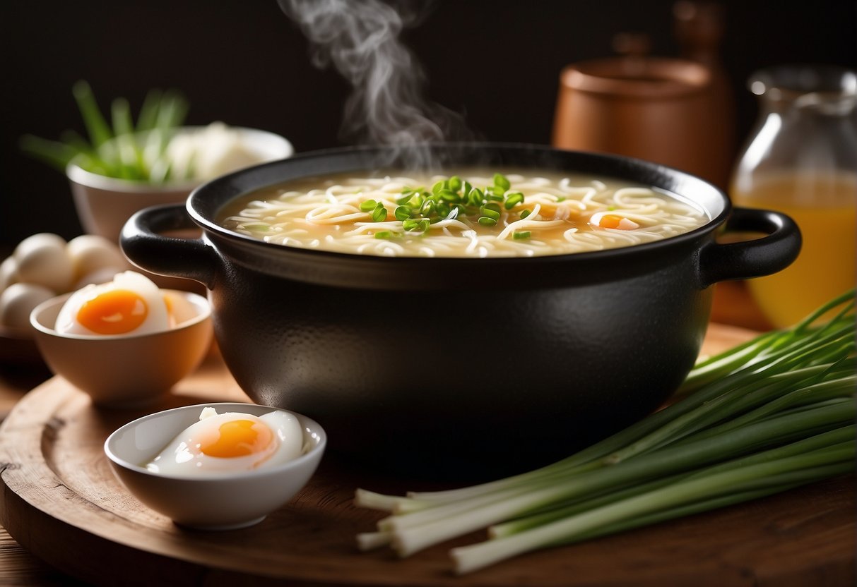 A steaming pot of Chinese egg drop soup with floating strands of beaten egg and green onions, surrounded by ingredients like chicken broth, soy sauce, and cornstarch