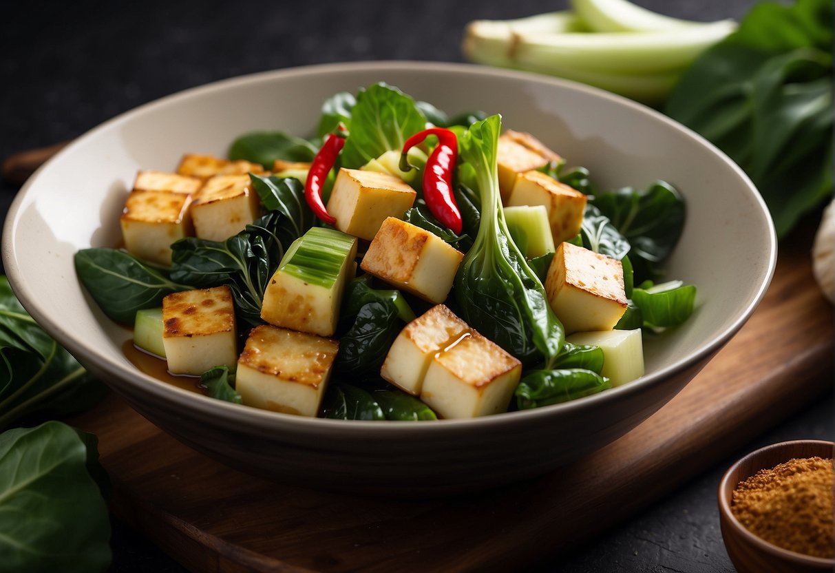 A table with fresh produce like bok choy, tofu, ginger, and soy sauce. A wok sizzling with garlic and chili peppers