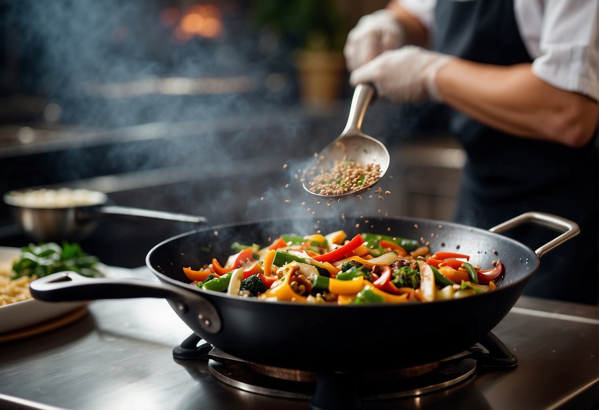 A wok sizzles over a gas flame, as a chef tosses stir-fry ingredients with a metal spatula. Nearby, a mortar and pestle crushes spices