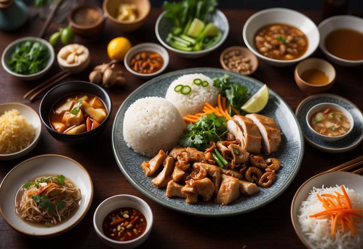A table set with various Malaysian Chinese dishes, including Hainanese chicken rice, char kway teow, and bak kut teh, surrounded by vibrant ingredients and traditional utensils