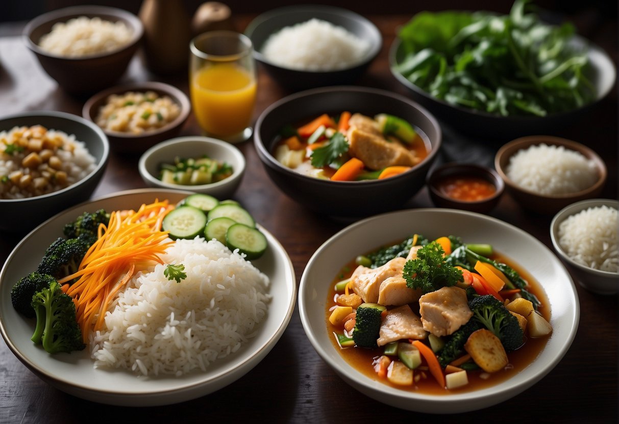 A table set with colorful Malaysian Chinese dishes, including stir-fried vegetables, steamed fish, and rice, surrounded by fresh ingredients like ginger, garlic, and leafy greens