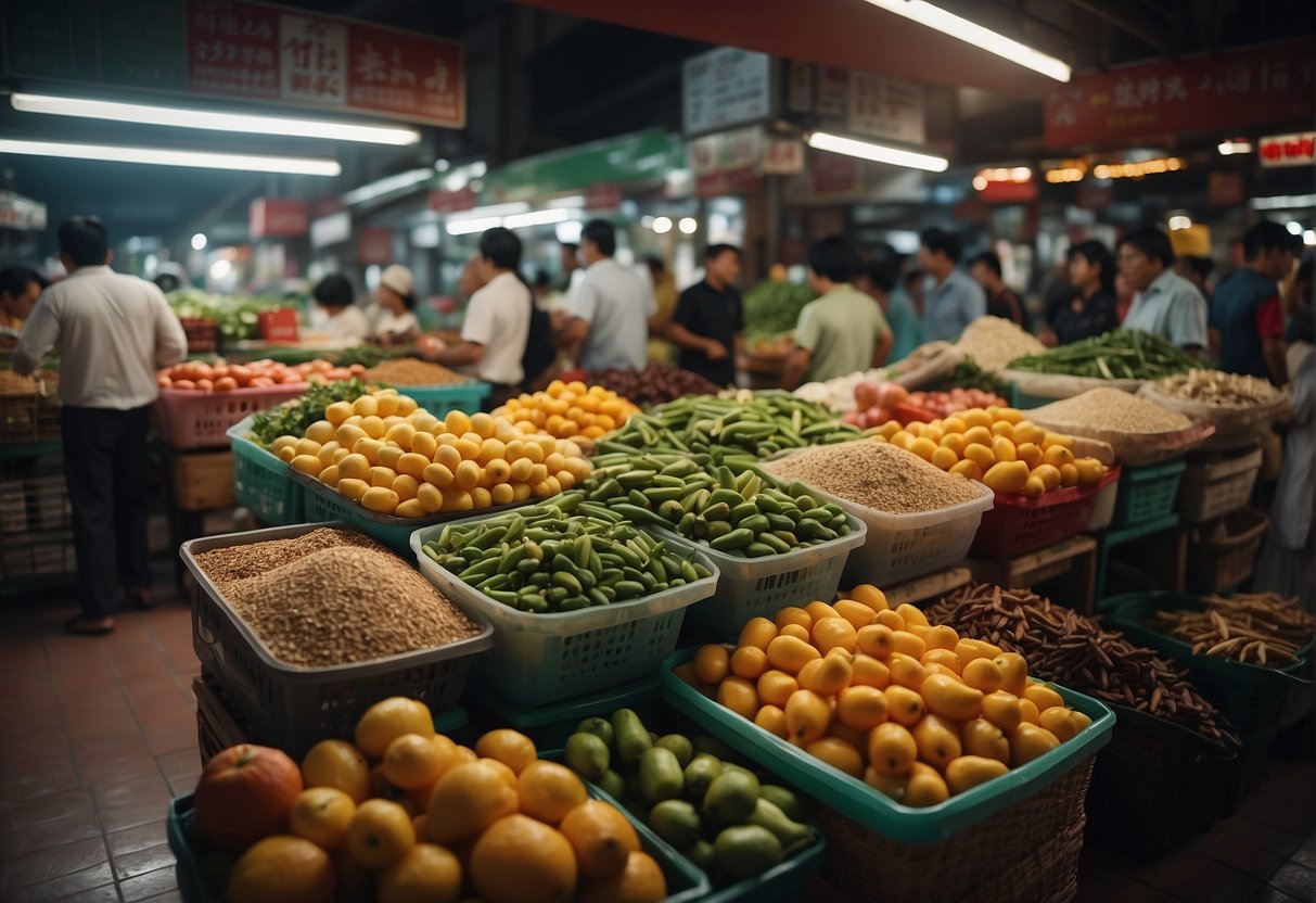 A bustling Malaysian market with fresh produce and spices, followed by neatly organized pantry shelves filled with traditional Chinese ingredients