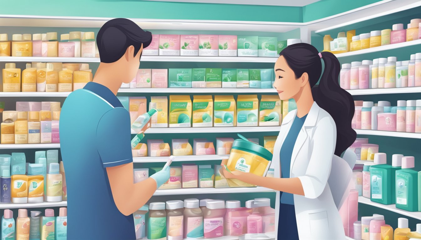 A bustling pharmacy shelf displays Nair hair removal products in Singapore