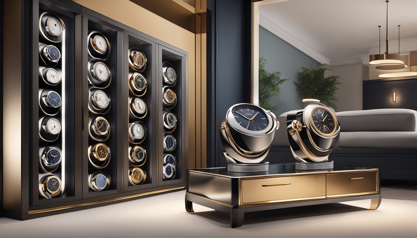 A watch winder sits on a sleek, modern dresser, gently rotating a luxurious timepiece. Soft lighting highlights the elegant design and craftsmanship of the watch