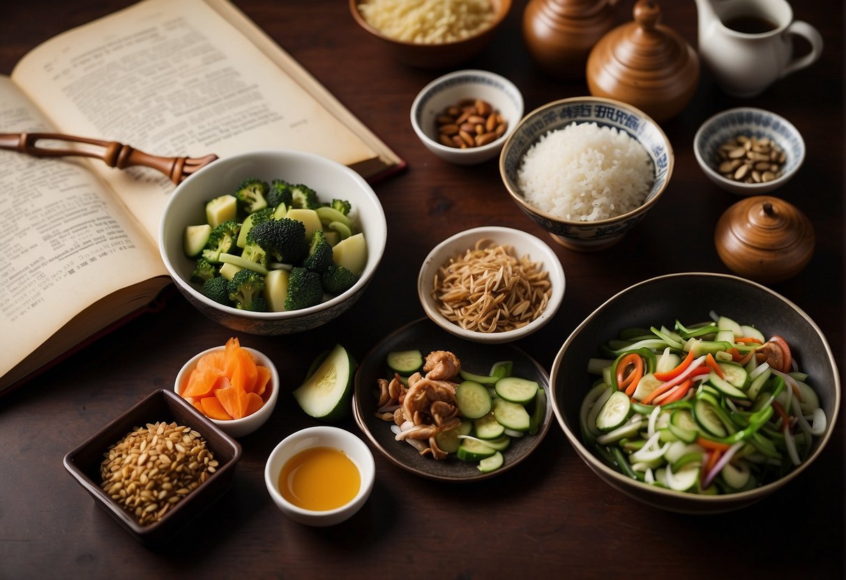 A table filled with traditional Malaysian Chinese ingredients and cooking utensils, with a recipe book open to a page titled "Frequently Asked Questions."