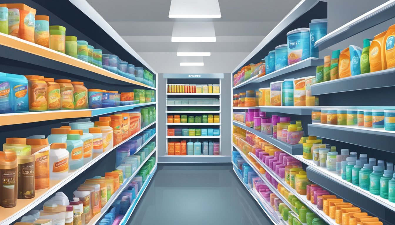 Shelves lined with Nair products in various sizes and prices. Prominent signs advertising deals and discounts. Customers browsing and comparing options