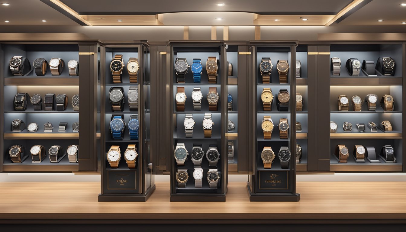 A watch winder display with various models and brands, accompanied by a sign indicating "Frequently Asked Questions" in a Singapore store