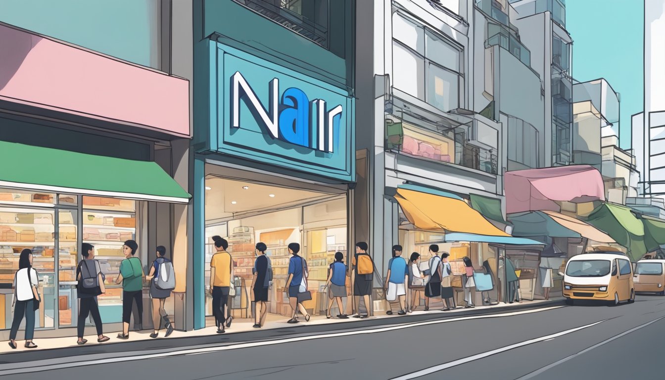 A busy Singapore street with a prominent "Nair" sign outside a store. People passing by and looking at the display