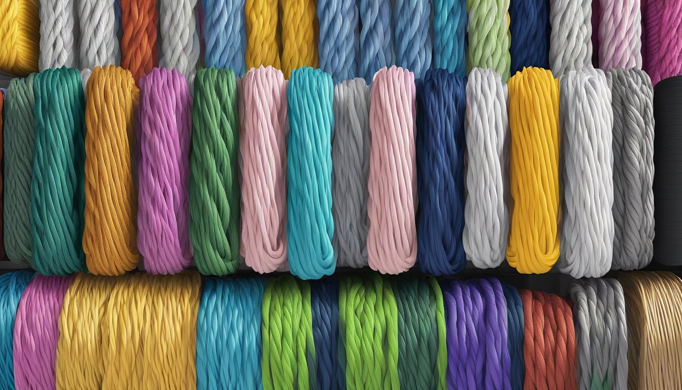 A display of various nylon ropes in a Singaporean hardware store, with colorful packaging and different thicknesses and textures