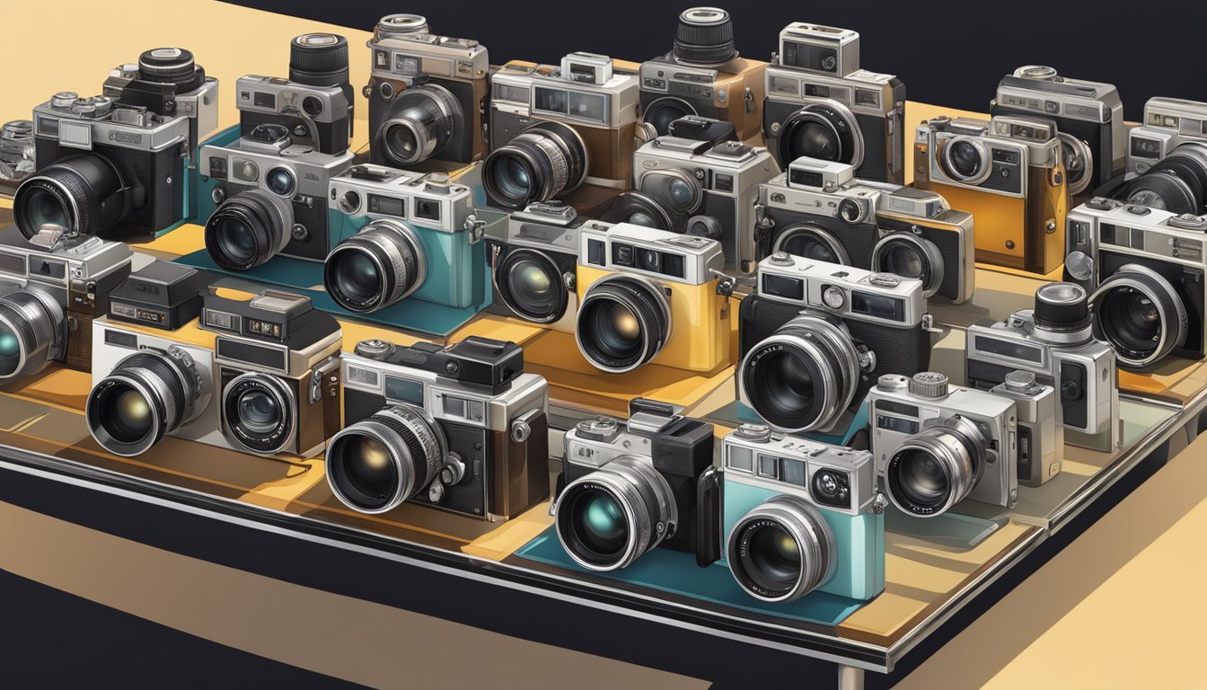 A table displaying various 35mm film cameras with different features and price tags. Bright overhead lighting highlights the sleek designs and vintage appeal of the cameras
