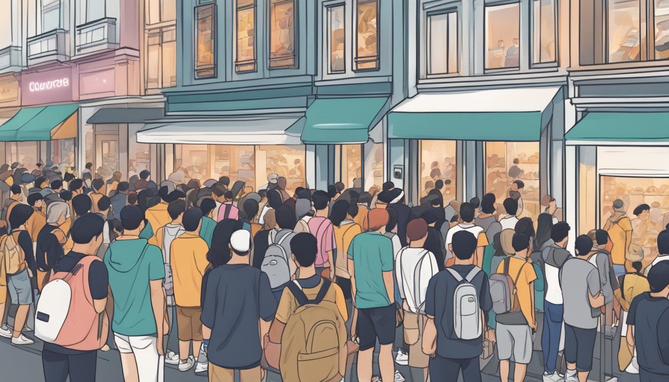 A crowded street in Singapore, with a line of people outside a trendy sneaker store, eagerly waiting to buy the latest Yeezy shoes