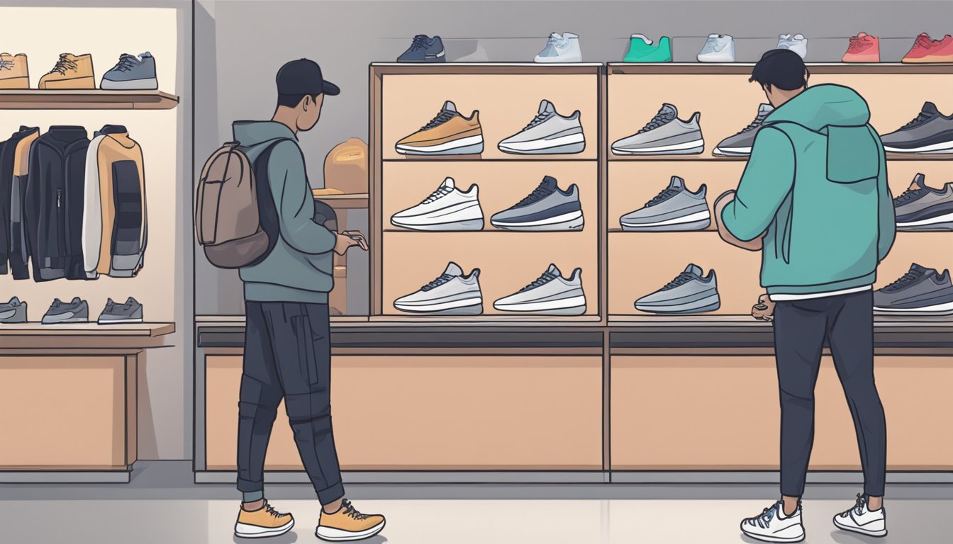 A customer swipes a credit card at a sneaker store in Singapore, while a pair of Yeezy sneakers sits on display