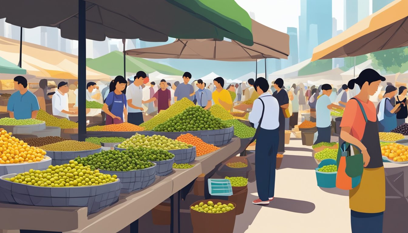 A bustling marketplace with colorful stalls selling olives in Singapore. The aroma of various types of olives fills the air as customers browse the selection