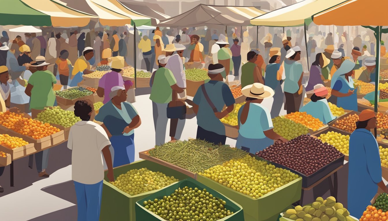 A bustling market with colorful stalls selling a variety of olives from around the world. Customers sample and purchase olives while vendors showcase their best products