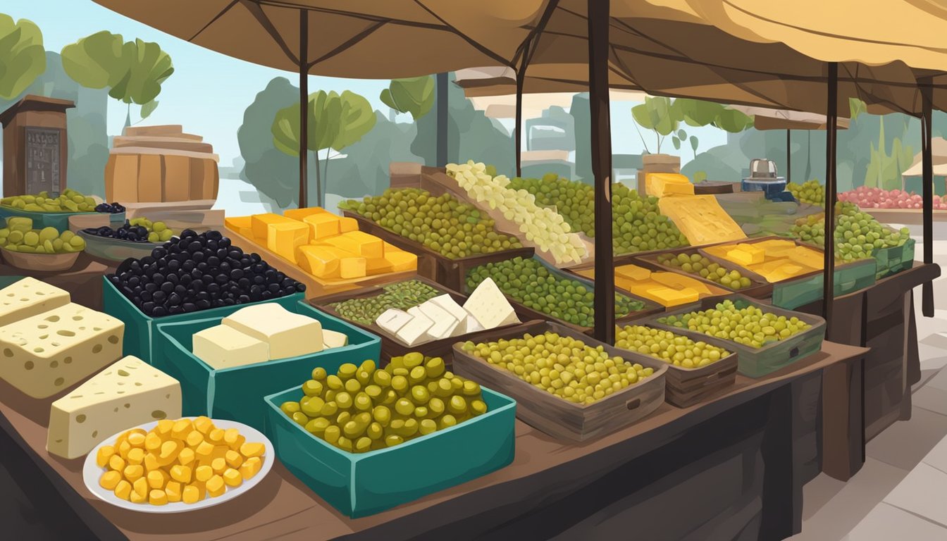 A table set with olives, cheese, and wine. A market stall in Singapore sells various types of olives