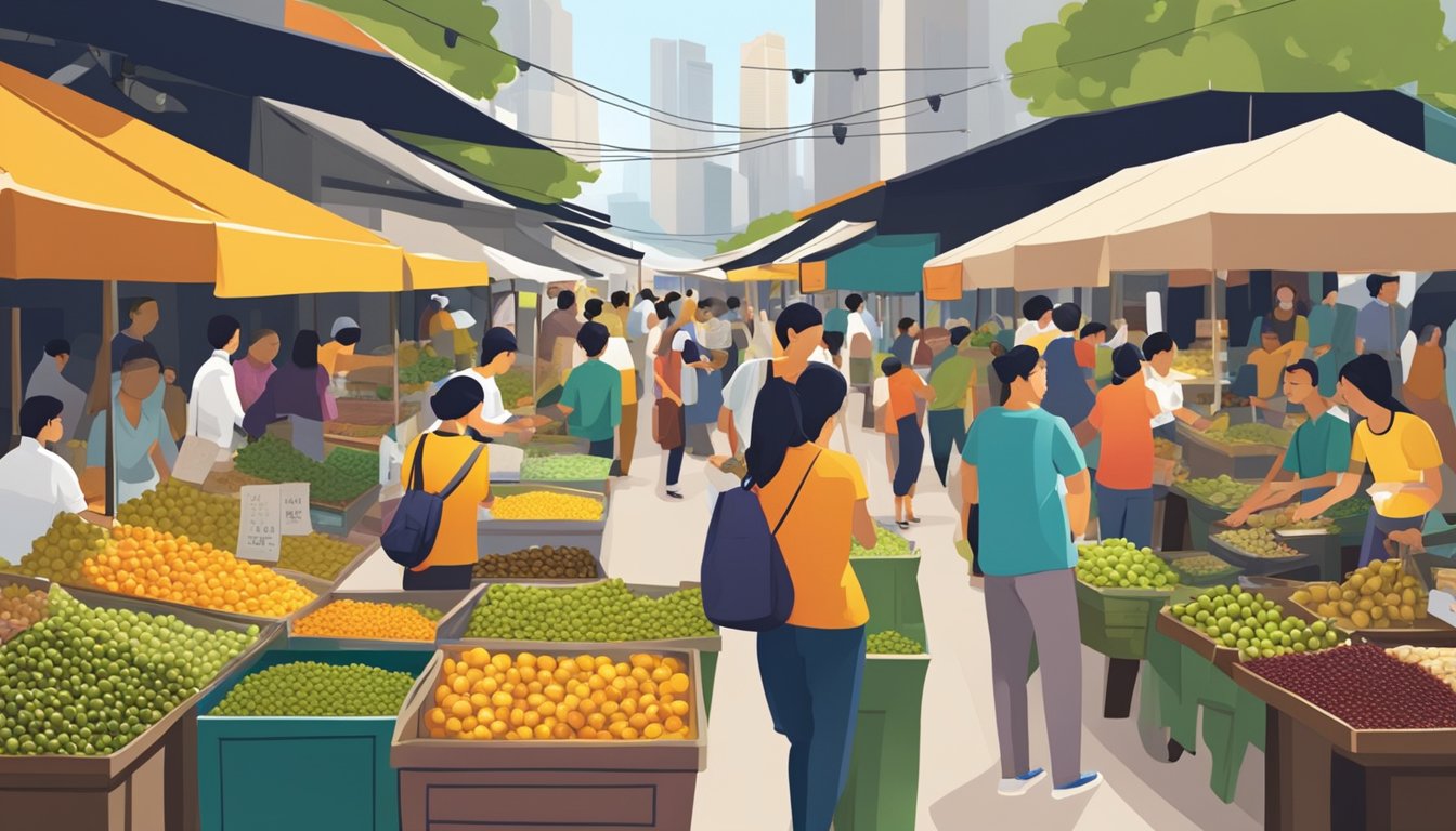 A bustling marketplace with colorful stalls selling various types of olives in Singapore. Customers browsing and vendors engaging in conversation