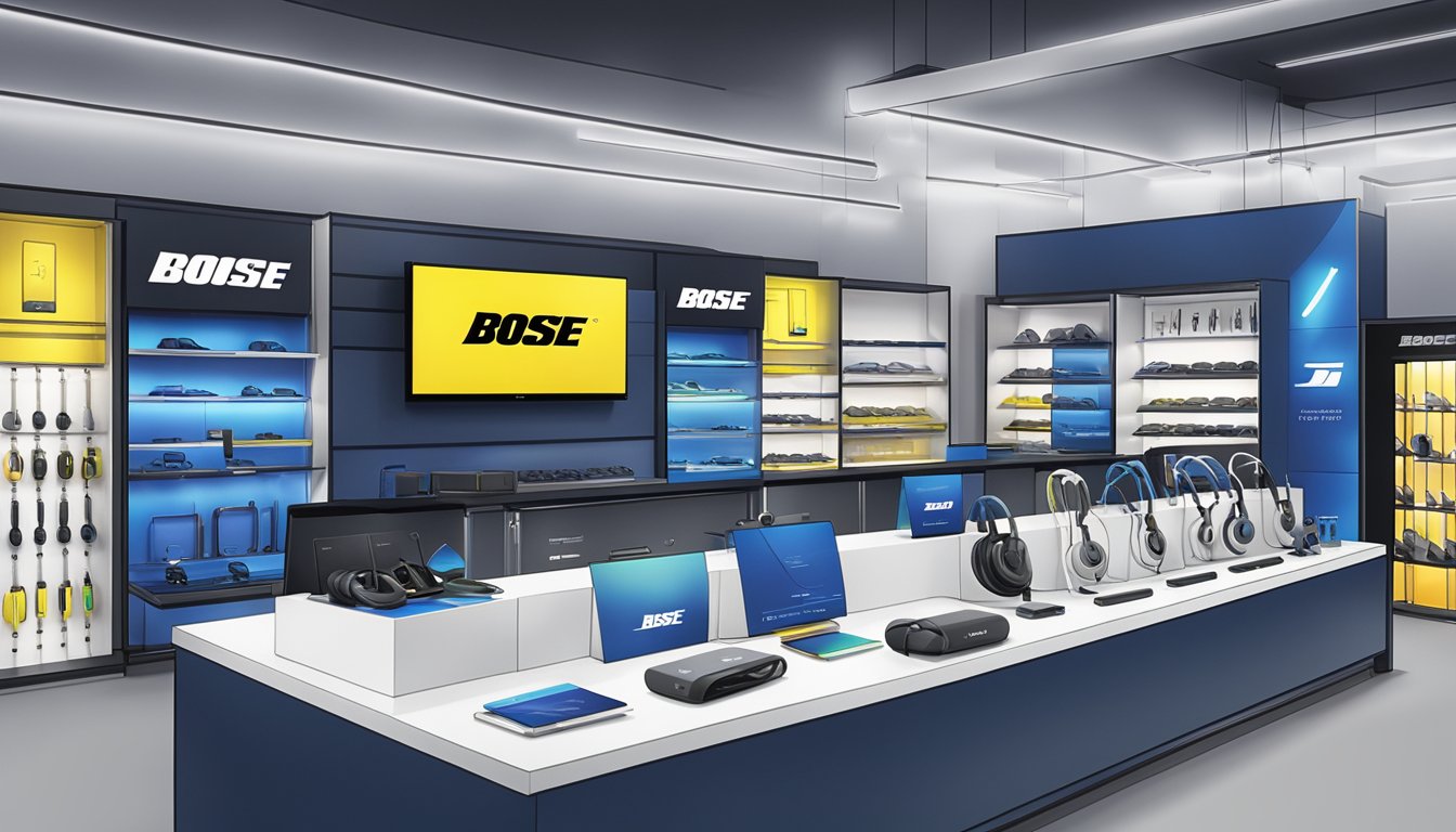 A pair of Bose earbuds sits on a display shelf at Best Buy, surrounded by other audio products. The bright store lights highlight the sleek design and logo of the earbuds, drawing attention to them