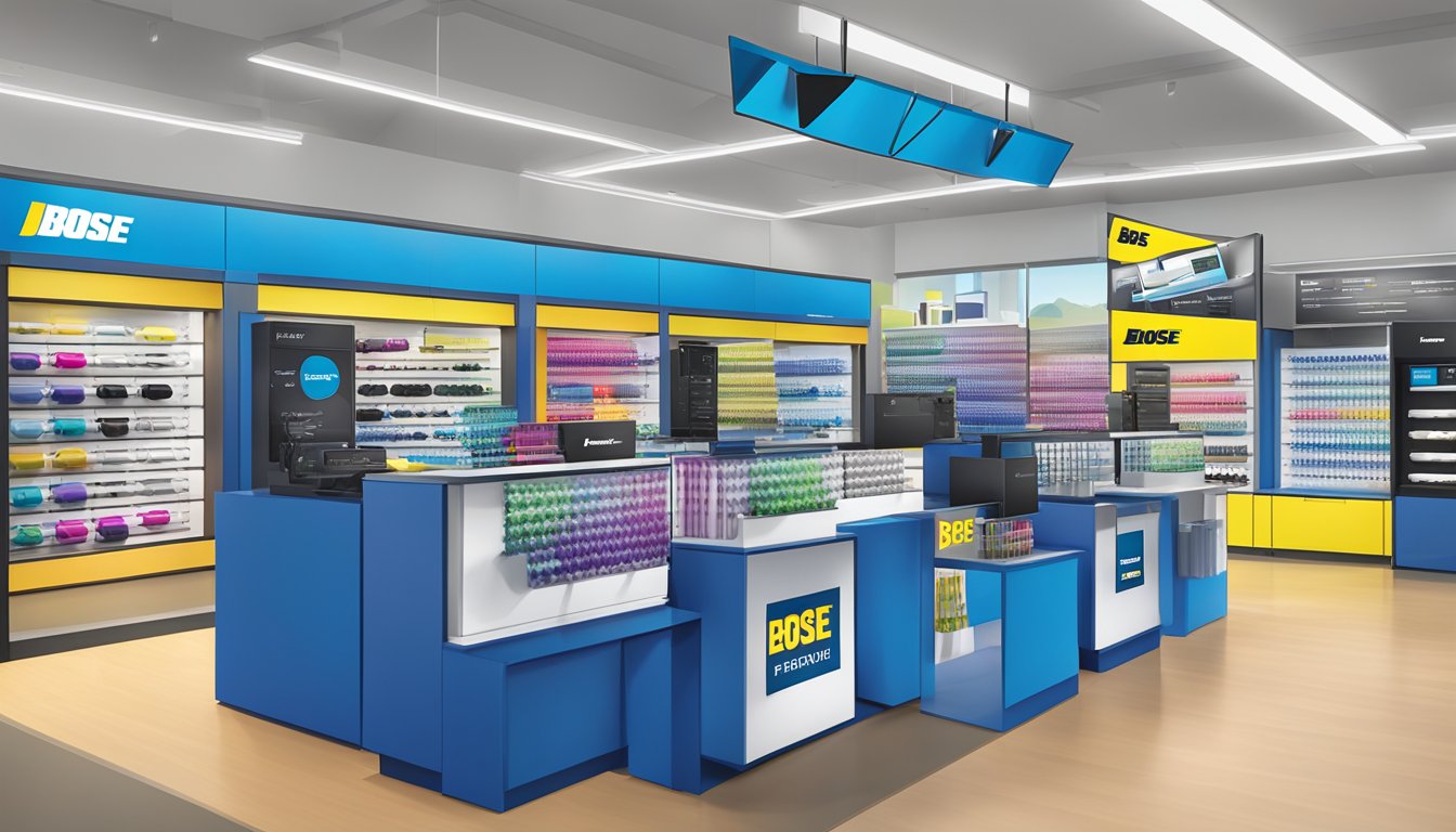 A colorful display of Bose earbuds at a Best Buy store, with a prominent "Frequently Asked Questions" sign