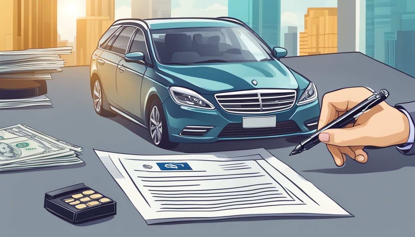 A person signing a car purchase agreement with a company stamp and exchanging money with a car dealer in Singapore