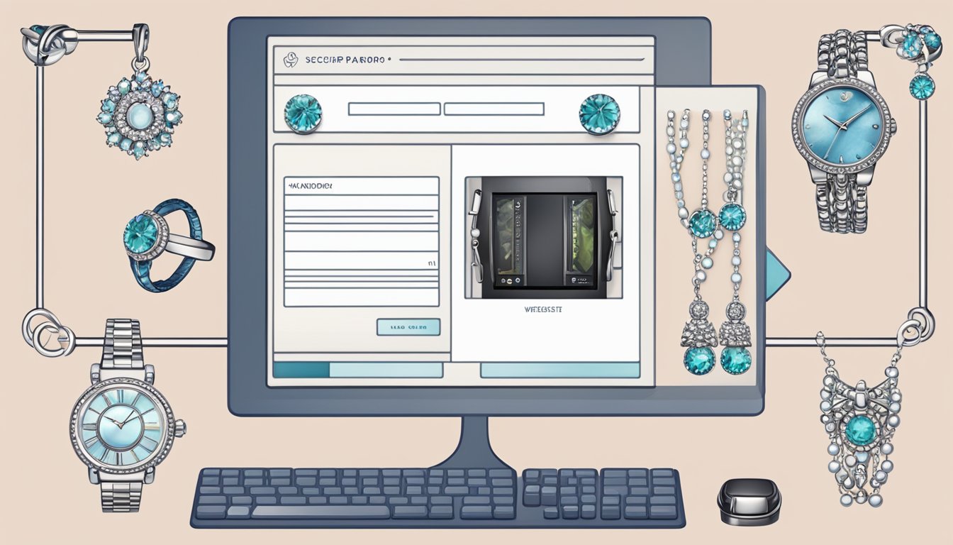 A computer screen displaying the website "Pandora" with a variety of jewelry options, a secure checkout button, and a logo in the top left corner