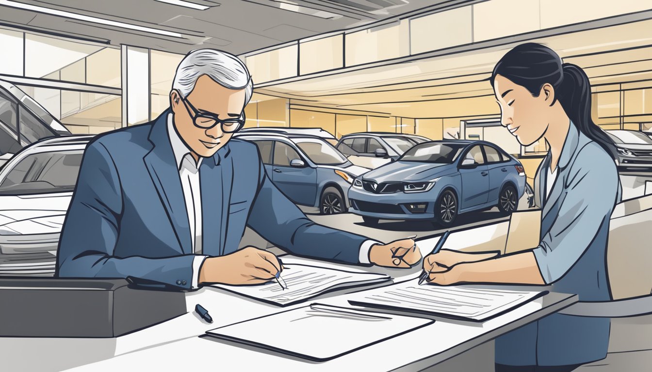 A person signing documents at a car dealership in Singapore under a company name, with a focus on financial and compliance considerations