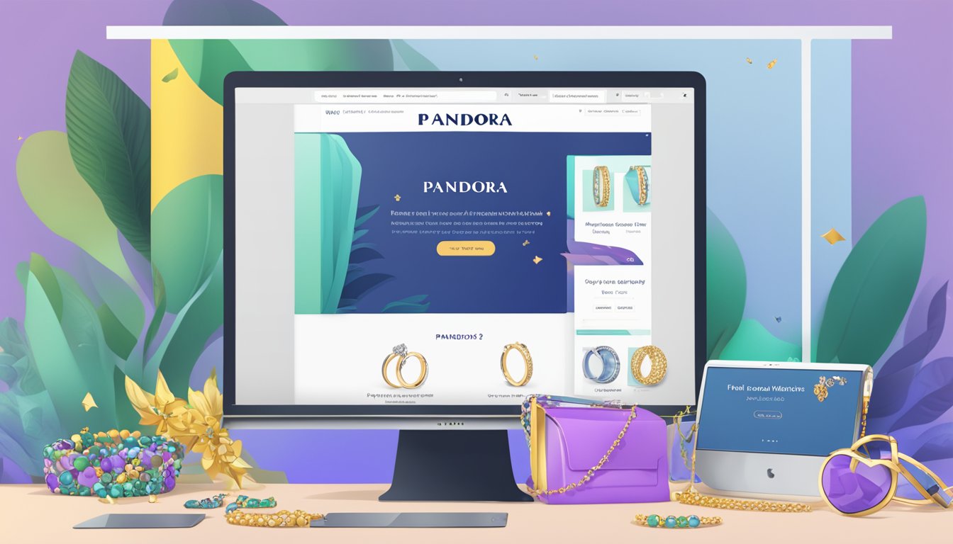 A computer screen displays the Pandora website with a variety of jewelry. A cursor hovers over the "buy" button, ready to make a purchase