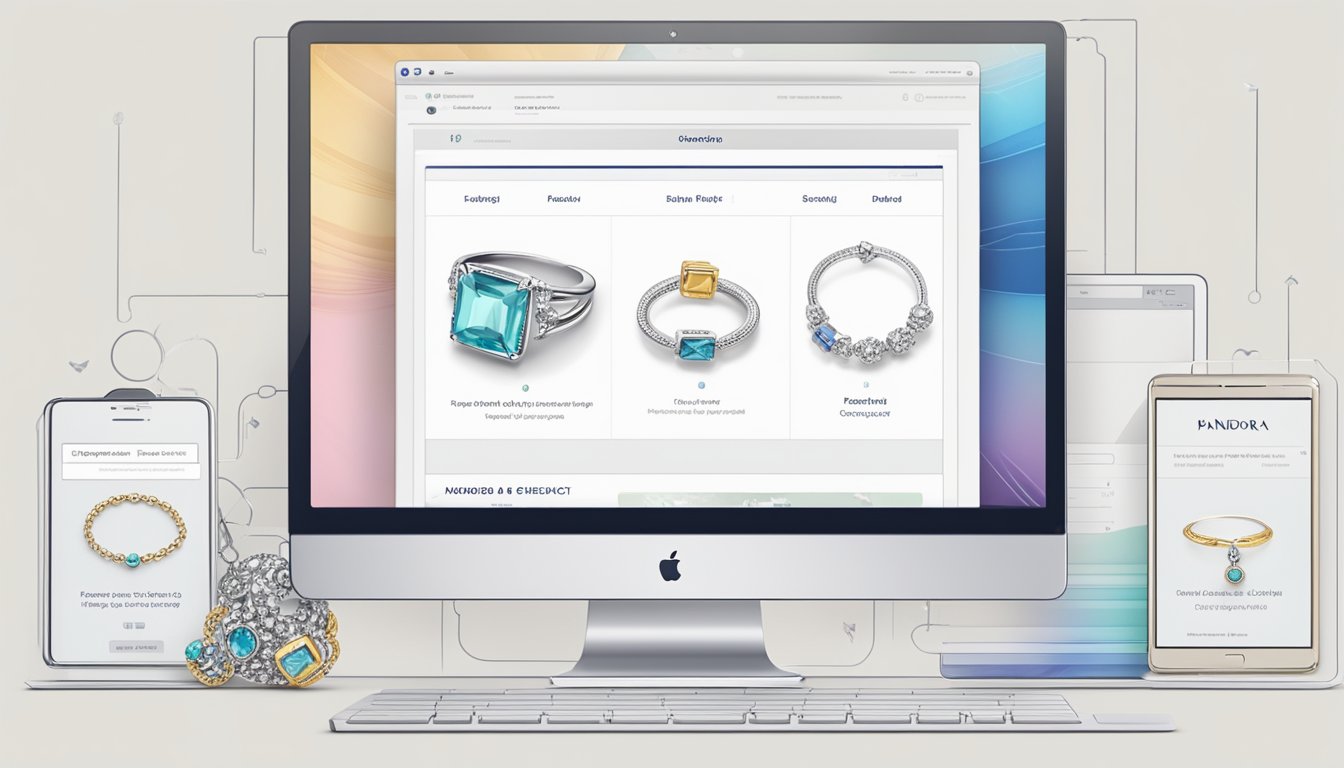 A computer screen displaying the Pandora website with various jewelry options, a secure checkout process, and a confirmation email