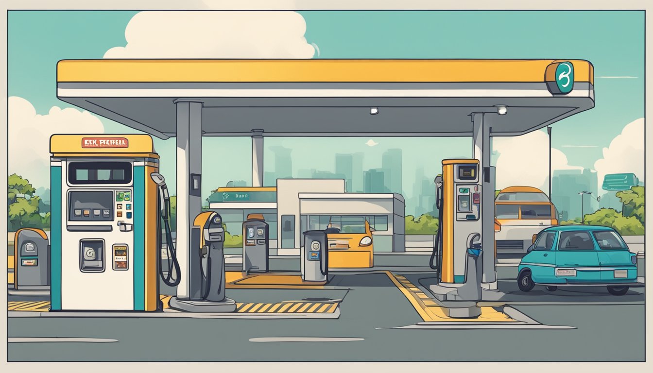 A hand reaches for a bottle of petrol at a Singapore gas station, with a sign reading "Frequently Asked Questions: Can I buy petrol in a bottle?"