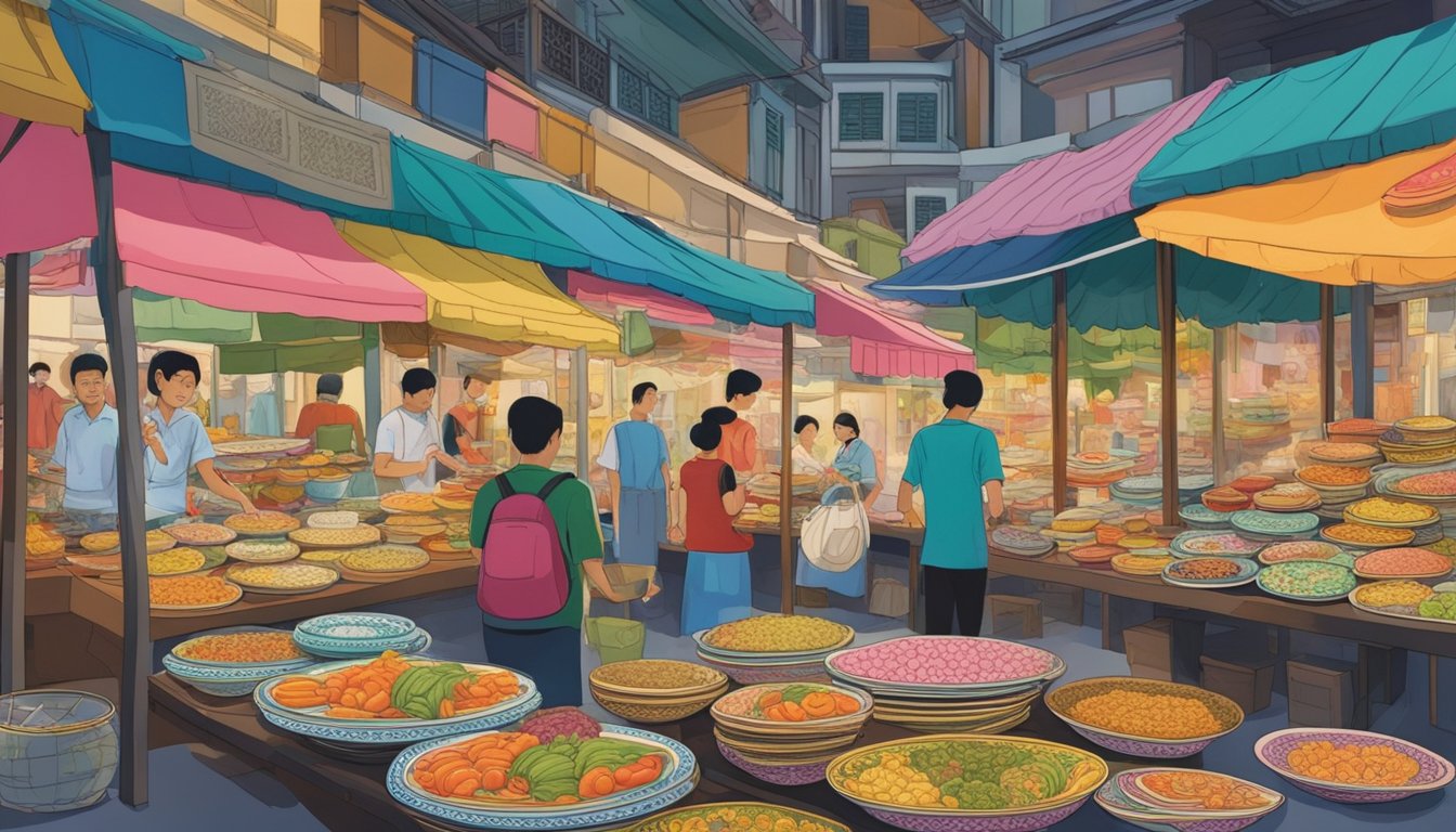A bustling market stall displays vibrant Peranakan plates in Singapore. Shoppers browse the colorful selection, while the vendor arranges the intricate designs
