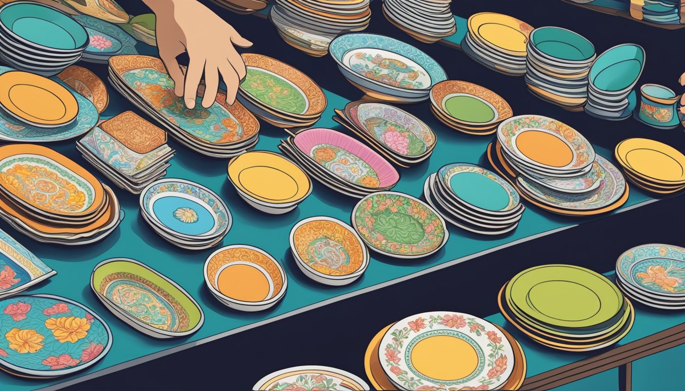 A hand reaches out to carefully select vibrant Peranakan plates from a display at a shop in Singapore