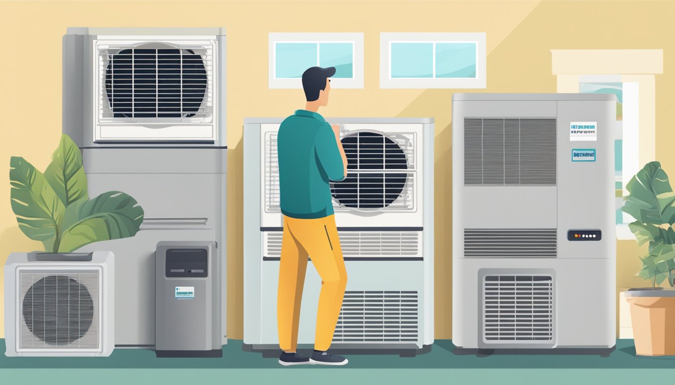 A customer browsing through a variety of air conditioning units displayed on a website, with a "Frequently Asked Questions" section visible on the screen
