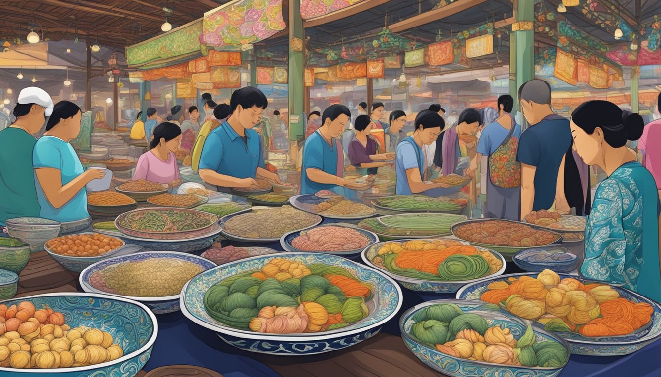 A bustling market stall in Singapore displays colorful Peranakan plates with intricate designs, attracting curious shoppers