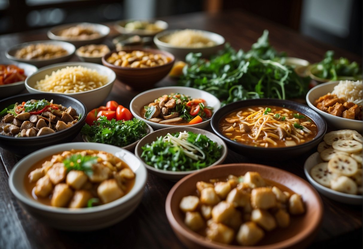 A table filled with colorful Malaysian Chinese vegetarian dishes. Ingredients like tofu, mushrooms, and leafy greens are featured