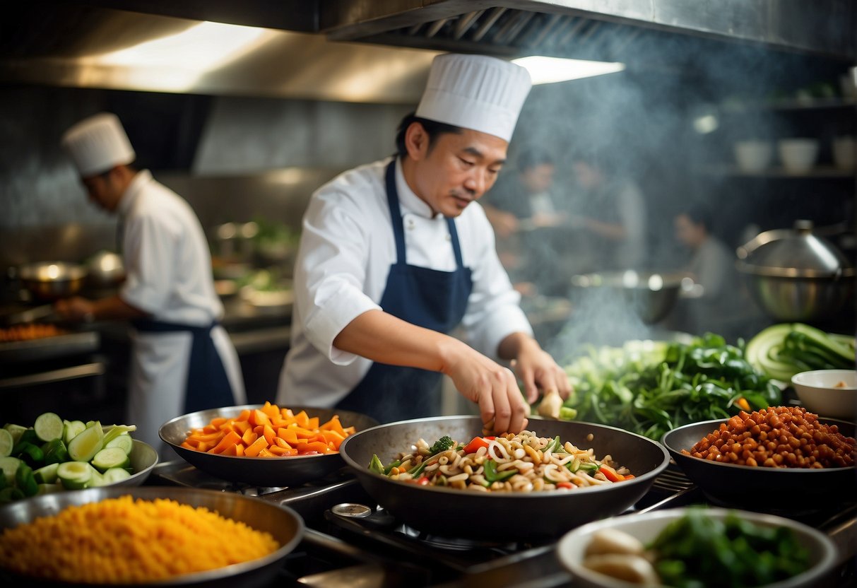 A bustling kitchen with colorful vegetables, aromatic spices, and sizzling woks, as a chef prepares quick and easy Malaysian Chinese vegetarian recipes