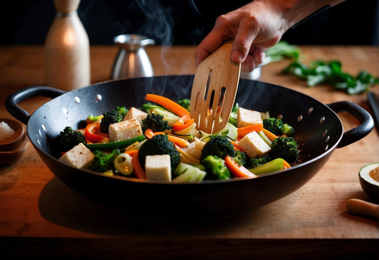 A wok sizzles with stir-fried vegetables, while a chef's knife chops tofu and ginger on a wooden cutting board. A steamer basket releases fragrant steam, and a mortar and pestle crush spices