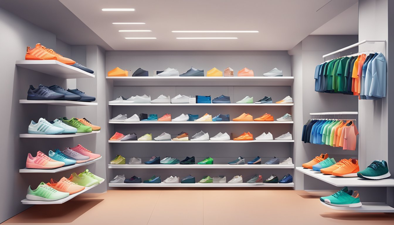 A colorful display of Adidas Stella McCartney products, including shoes, clothing, and accessories, arranged neatly on shelves in a modern and stylish retail environment